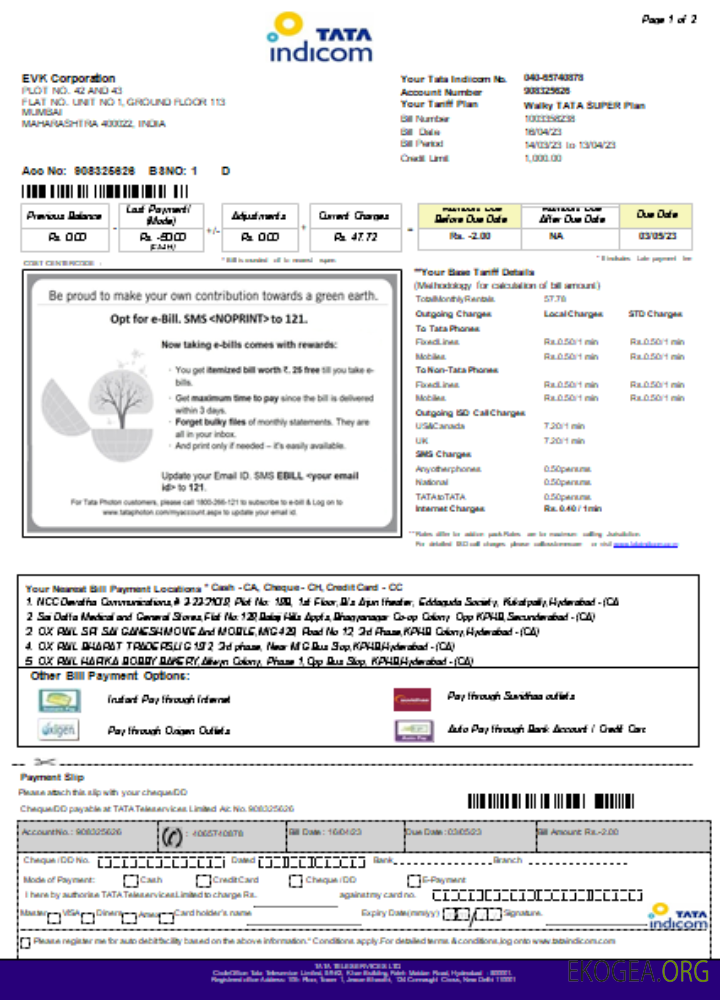 Facture commerciale de services publics mobiles Tata Indicom, page 1, SCR